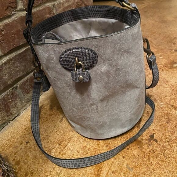 A B A. Bellucci Carson grey Italian suede bucket shoulder bag rare hard to find